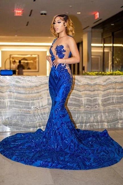 Fabulous Royal Blue Jewel Floor Length Lace Mermaid Prom Dress by misshow.com