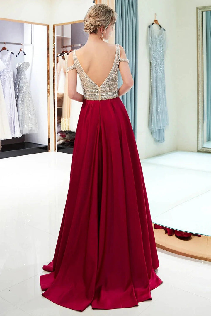 Fascinating Long A-line V-neck Beaded Stretch Satin Evening Dresses by BIZTUNNEL