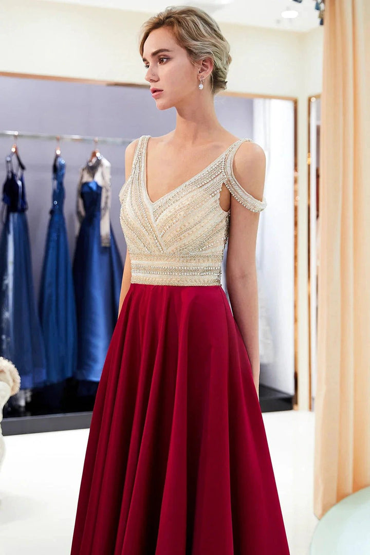 Fascinating Long A-line V-neck Beaded Stretch Satin Evening Dresses by BIZTUNNEL