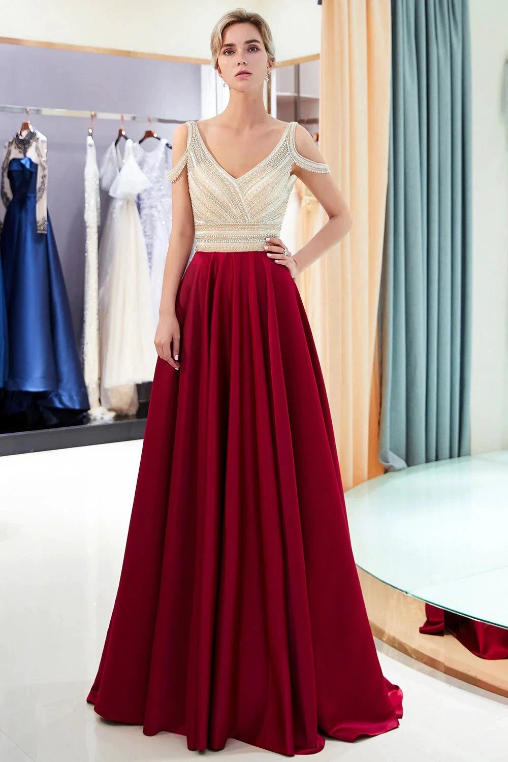 Fascinating Long A-line V-neck Beaded Stretch Satin Evening Dresses by BIZTUNNEL