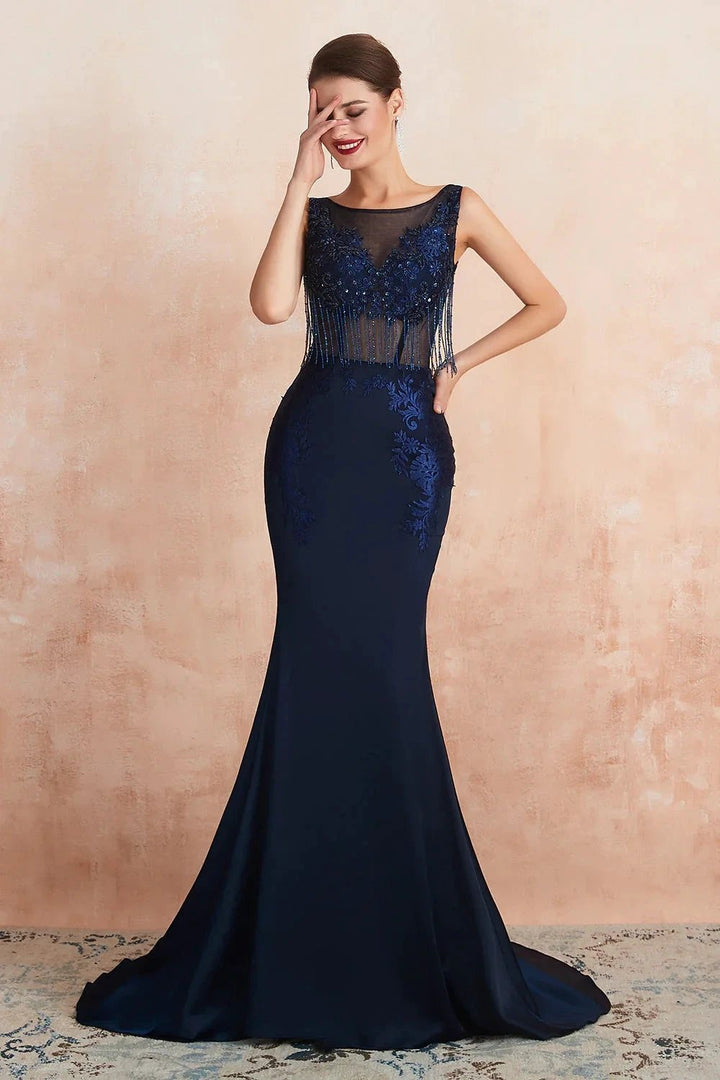 Fascinating Long Mermaid Jewel Satin Evening Dress by BIZTUNNEL