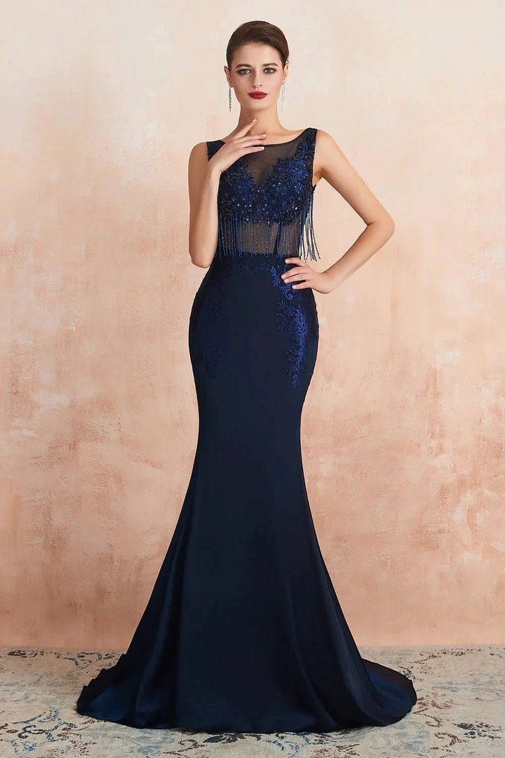 Fascinating Long Mermaid Jewel Satin Evening Dress by BIZTUNNEL