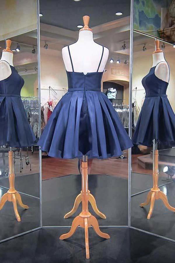 Fashion 2023 Navy Blue Spaghetti Straps Satin Homecoming Dresses PD040 by pgmdress
