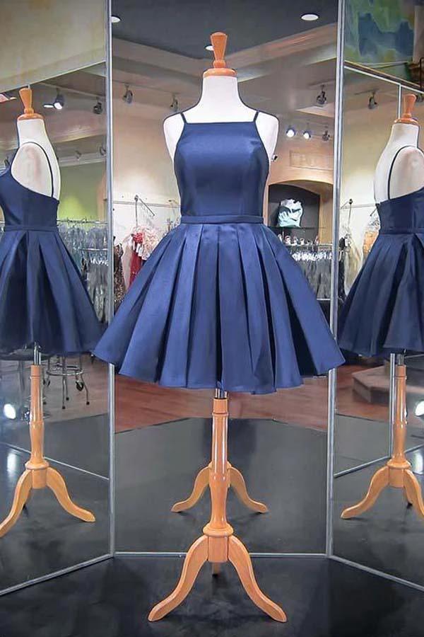 Fashion 2023 Navy Blue Spaghetti Straps Satin Homecoming Dresses PD040 by pgmdress