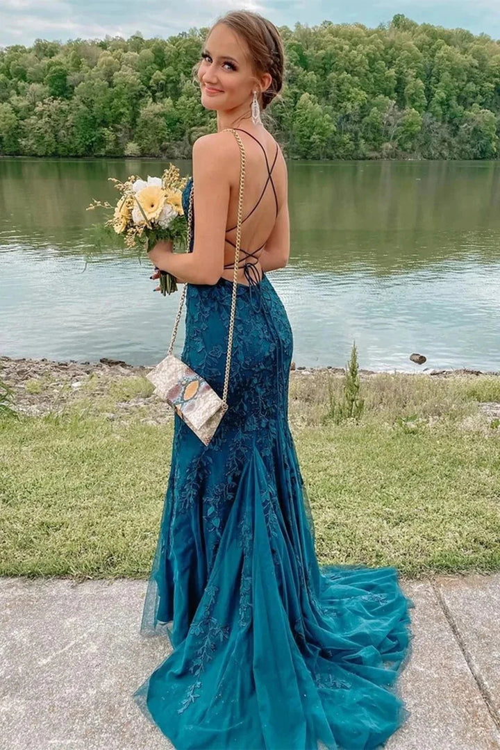 Fashion Long Mermaid Lace Backless Prom Dress Modest Formal Evening Dresses by BIZTUNNEL