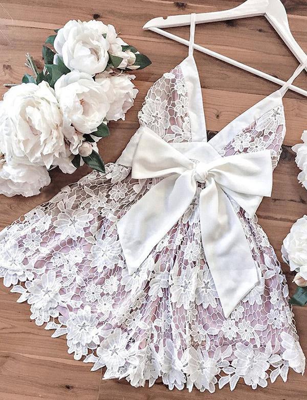 Fashion Short A-Line V-neck Lace Prom Dress with Bowknot by BIZTUNNEL