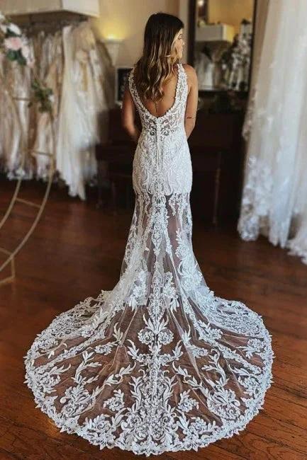 Fashion Spaghetti Straps Lace Mermaid Wedding Gowns With Slit by misshow.com