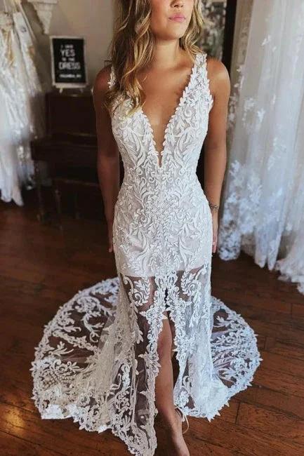 Fashion Spaghetti Straps Lace Mermaid Wedding Gowns With Slit by misshow.com