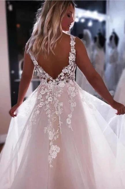 Fashion Straps A-Line Backless V-neck Wedding Dress With Lace by misshow.com
