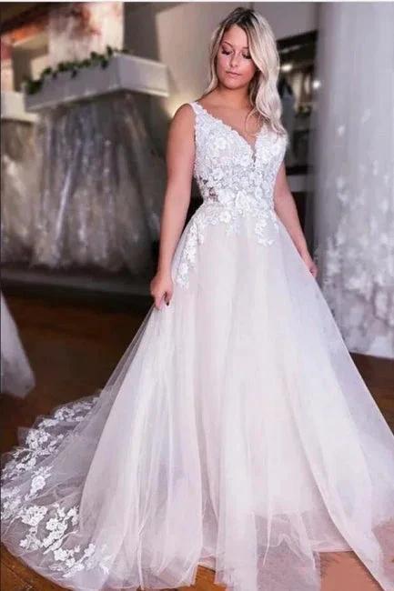 Fashion Straps A-Line Backless V-neck Wedding Dress With Lace by misshow.com