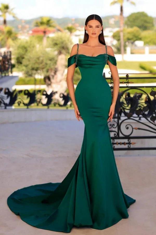 Fashionable Long Dark Green Mermaid Sleeveless Beading Satin Prom Dress by misshow.com