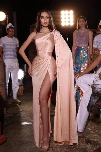 Fashionable Long Peach One Shoulder Satin Floor Length Prom Dress with Slit by misshow.com