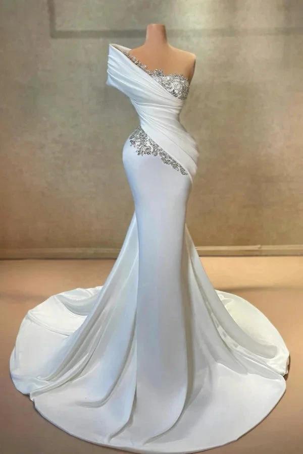 Fashionable Long White One Shoulder Mermaid Lace Satin Prom Dress with Rhinestones by misshow.com