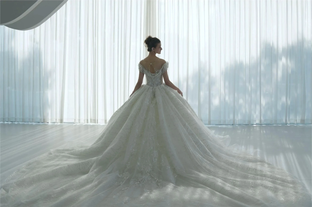 Ethereal Ball Gown Off-the-Shoulder Illusion Lace Wedding Dress with Beaded Embroidery &amp; Cathedral Train M-002 by ZAPDRESS