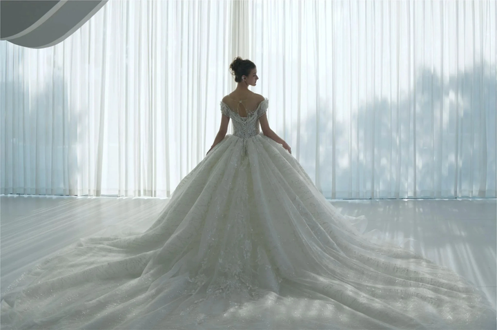 Ethereal Ball Gown Off-the-Shoulder Illusion Lace Wedding Dress with Beaded Embroidery &amp; Cathedral Train M-002 by ZAPDRESS