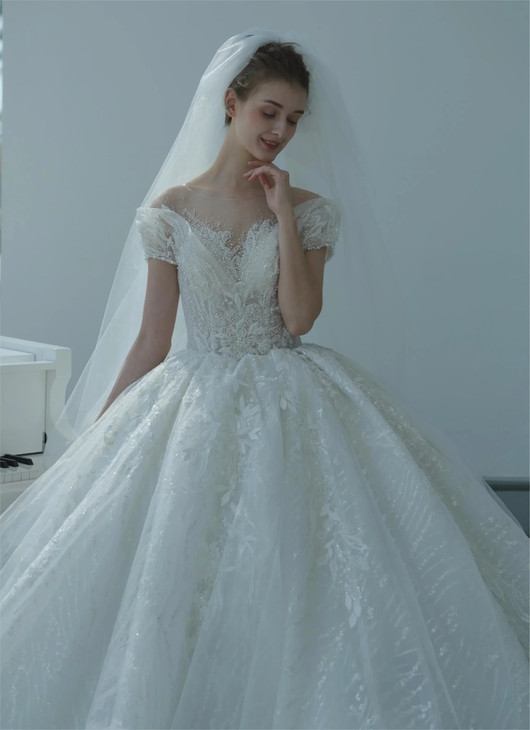 Ethereal Ball Gown Off-the-Shoulder Illusion Lace Wedding Dress with Beaded Embroidery &amp; Cathedral Train M-002 by ZAPDRESS