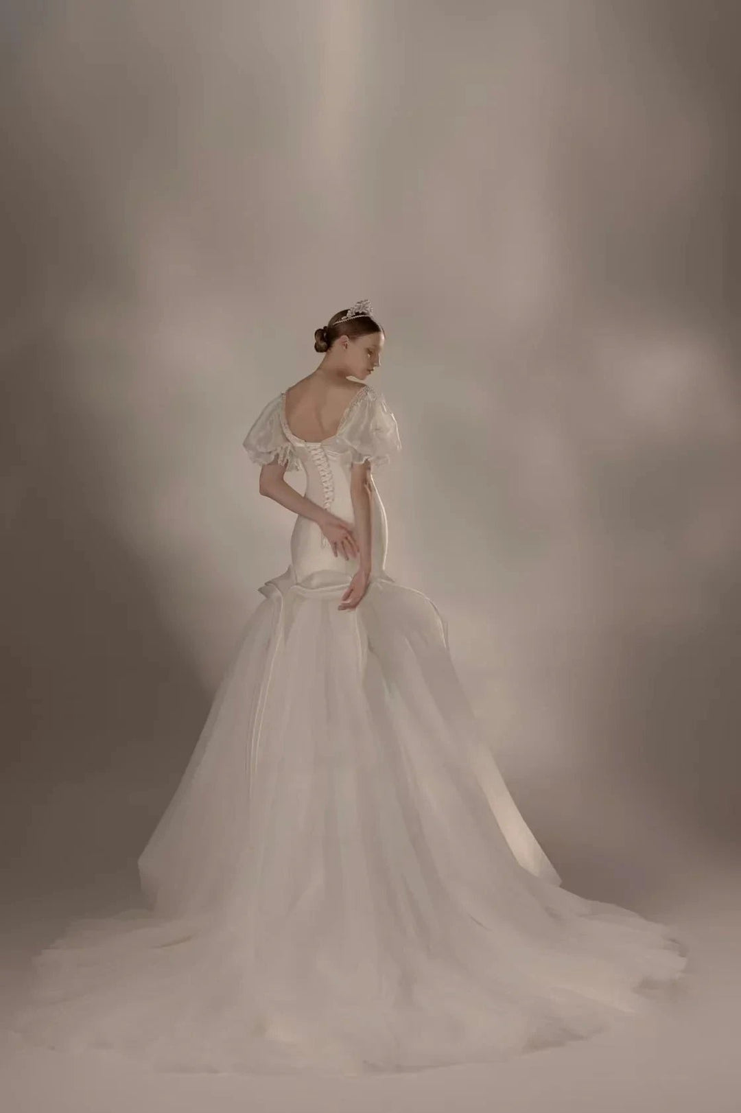 Elegant Mermaid Square Neck Organza Puff Sleeve Satin Wedding Dress with Crystal Trim &amp; Lace-Up Back Q6019 by ZAPDRESS