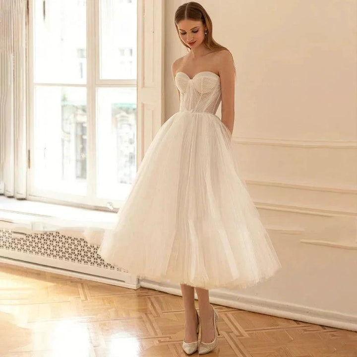 Romantic Strapless Sleeveless A-line Wedding Dress Sexy Backless Short Robe De Soirée Elegant Tulle Bow Bridal Gown by payinti
