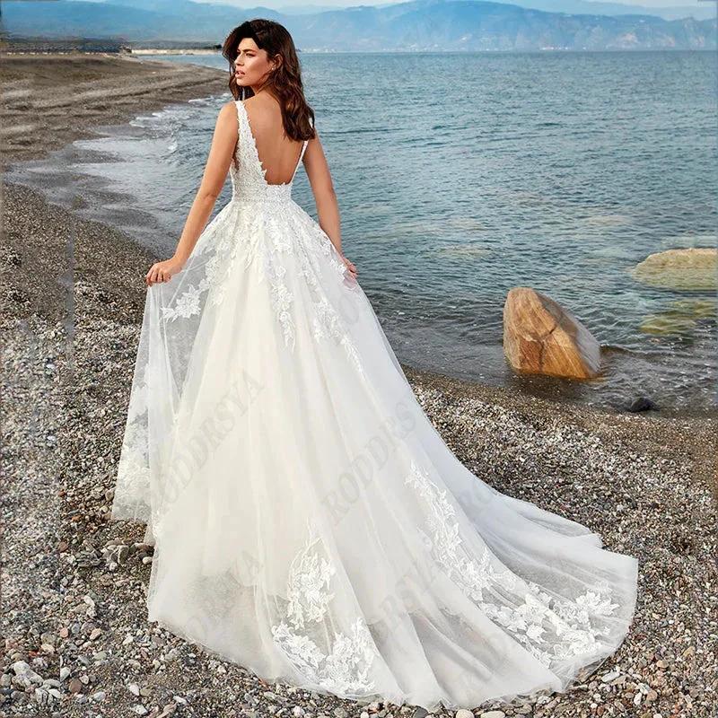 Elegant A-line Wedding Dress For Women Dreamy V-Neck Backless Bride Party Vintage Tulle Vestido De Noiva Minimalistas by payinti