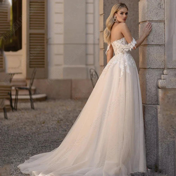 Light Champagne Pastrol Wedding Dresses Off Shoulder Sweetheart Bride Gowns Side Split A-Line Tulle Vestido De Novia by payinti