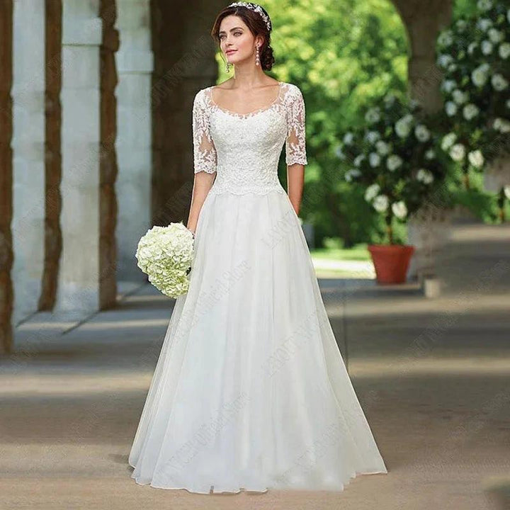 Lace Half Sleeves Wedding Dress For Bridal Illusion Appliques Buttons Back robe de mariée grande taille Custom Made by payinti