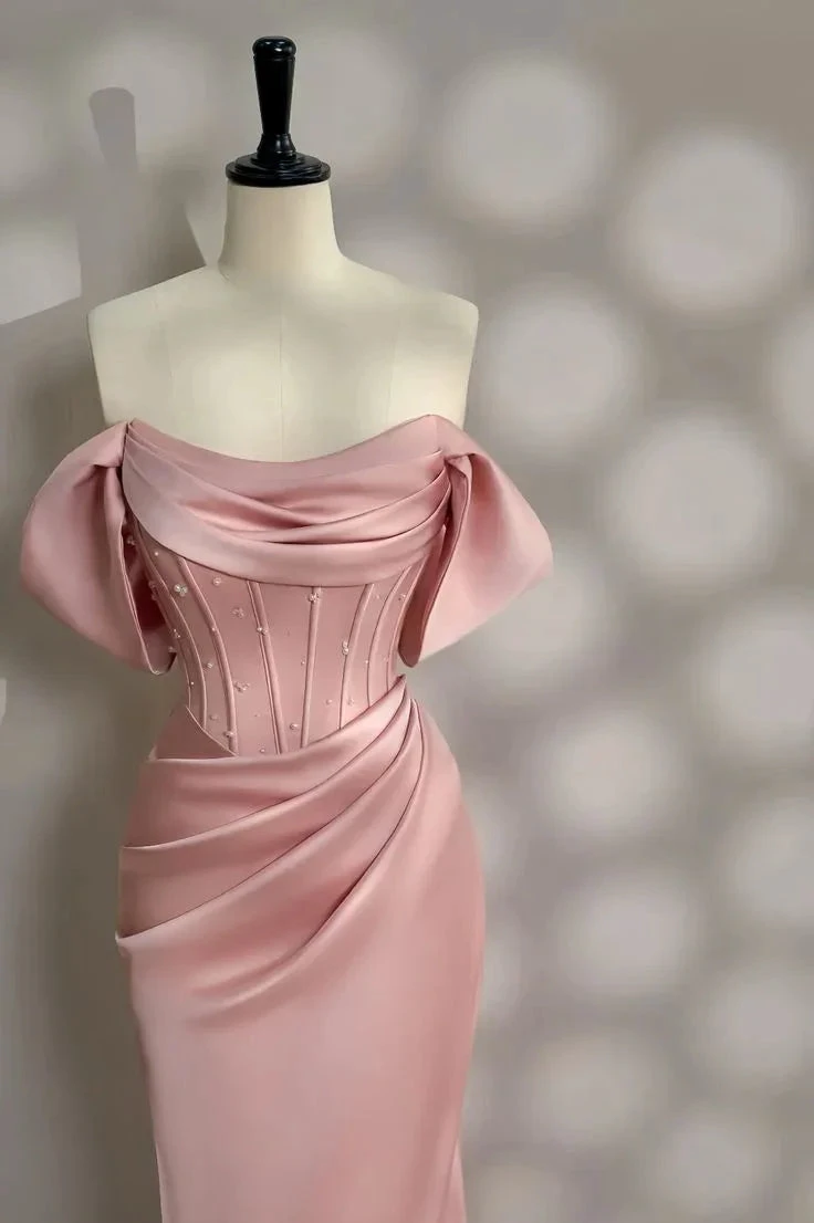 Pretty Pink Mermaid Evening Dress Pearl Beading Off Shoulder Prom Dress Y7604 by simplepromdress