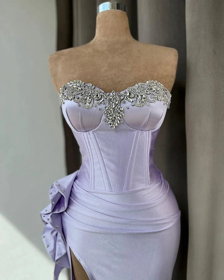 High Split Strapless Light Purple Mermaid Prom Dress With Rhinestone by BIZTUNNEL