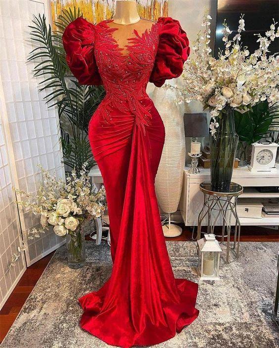 Luxury Red Mermaid Prom Dresses Lace Beaded Sheer Neck Evening Dress Formal Party Wear Y02 by simplepromdress