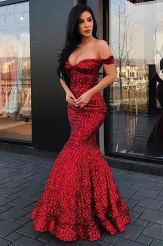 Vestido Formal de Baile Comprido Bordô com Cauda de Sereia, Ombros Descobertos e Lantejoulas
