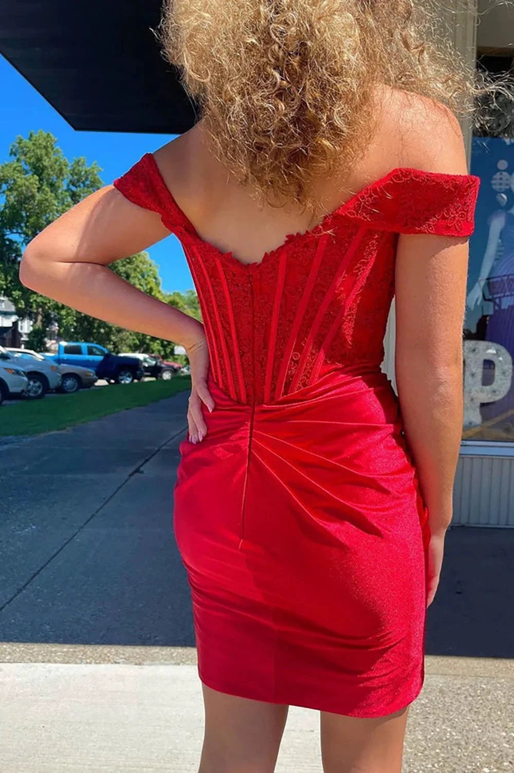 Cute Red Off the Shoulder Satin Homecoming Dresses with Lace by Ombreprom