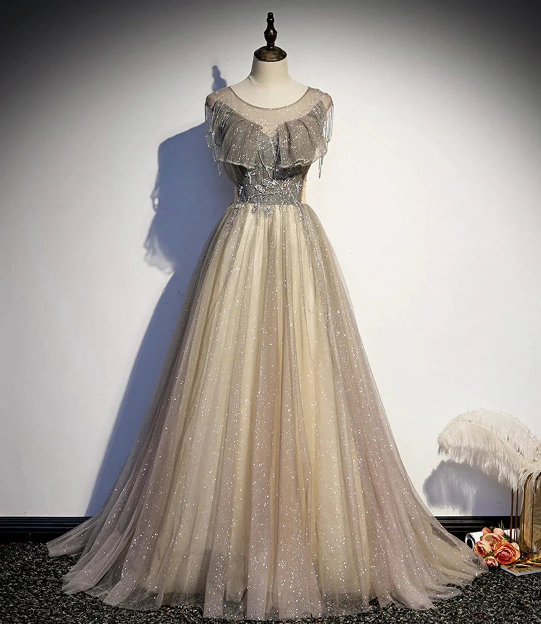 Stylish tulle long prom dress A line evening dress s108 by simplepromdress