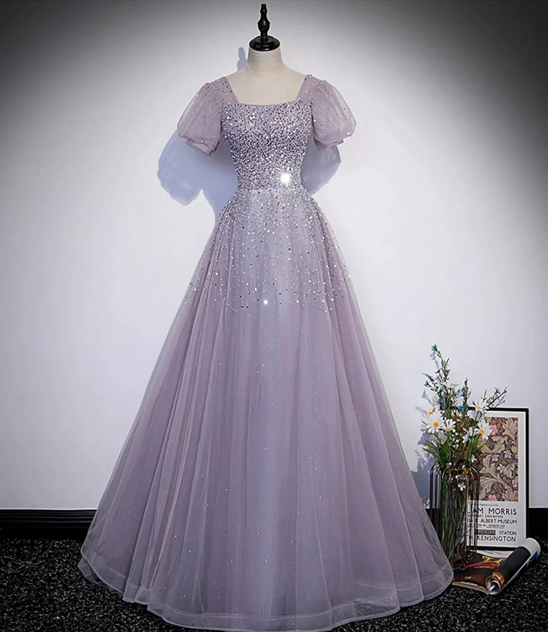 Purple tulle beads long prom dress A line evening gown s59 by simplepromdress