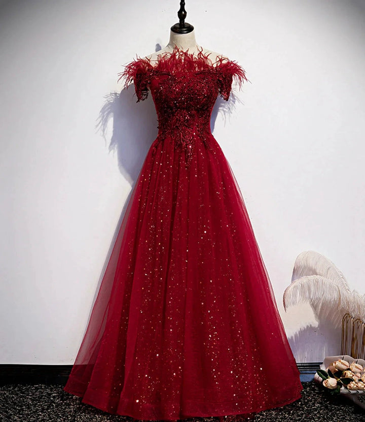 Burgundy tulle sequins long A line prom dress evening dress s69 by simplepromdress