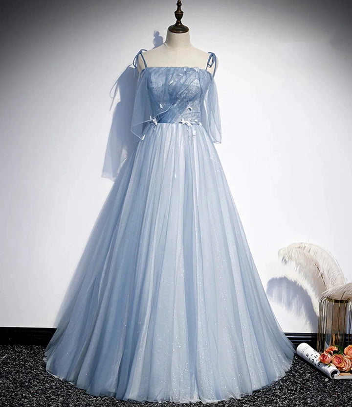 Blue tulle long A line prom dress evening dress s72 by simplepromdress