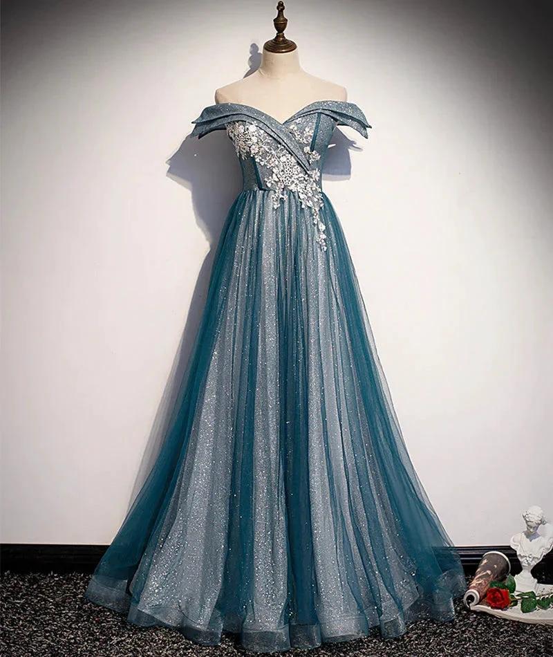 Blue tulle lace long prom dress off shoulder evening dress s105 by simplepromdress