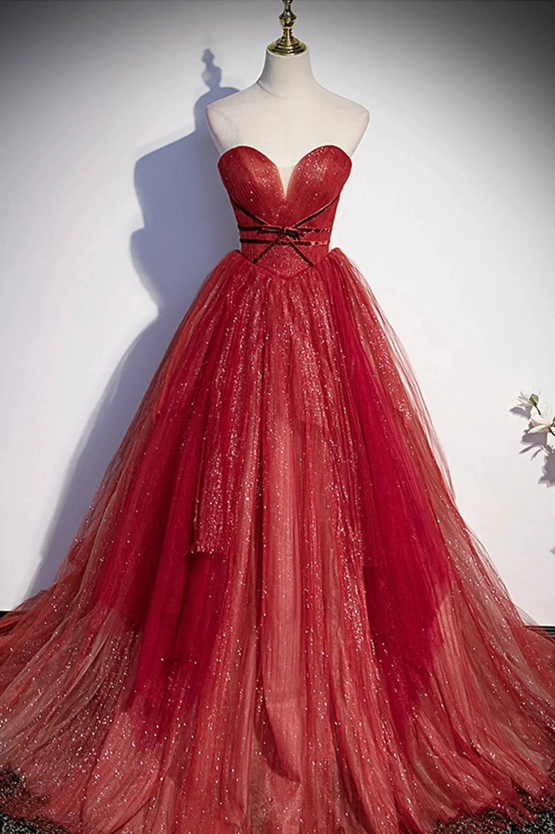 Burgundy tulle sequins long prom dress A line evening gown s55 by simplepromdress