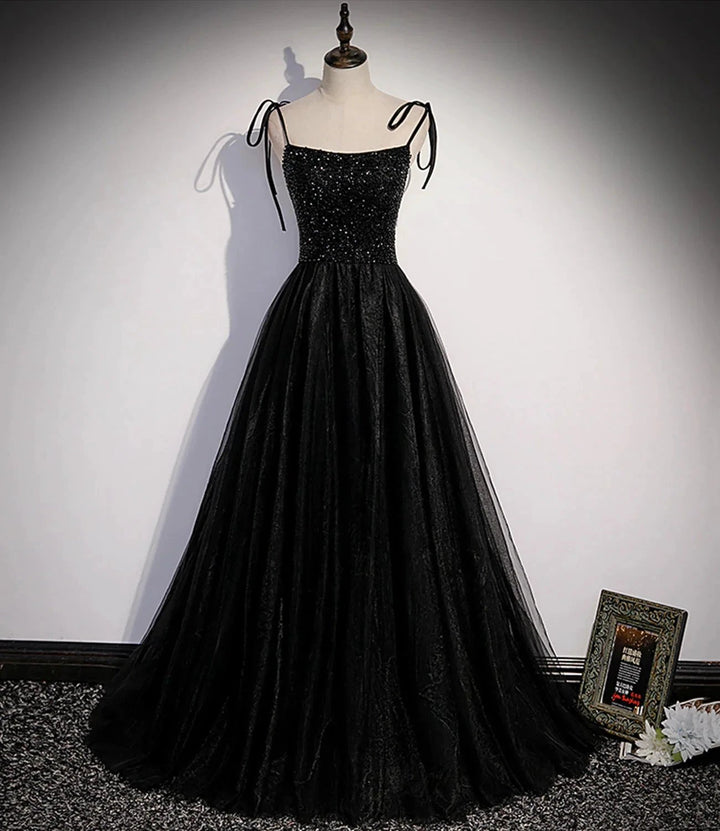 Black tulle beads long prom dress A line evening dress s58 by simplepromdress