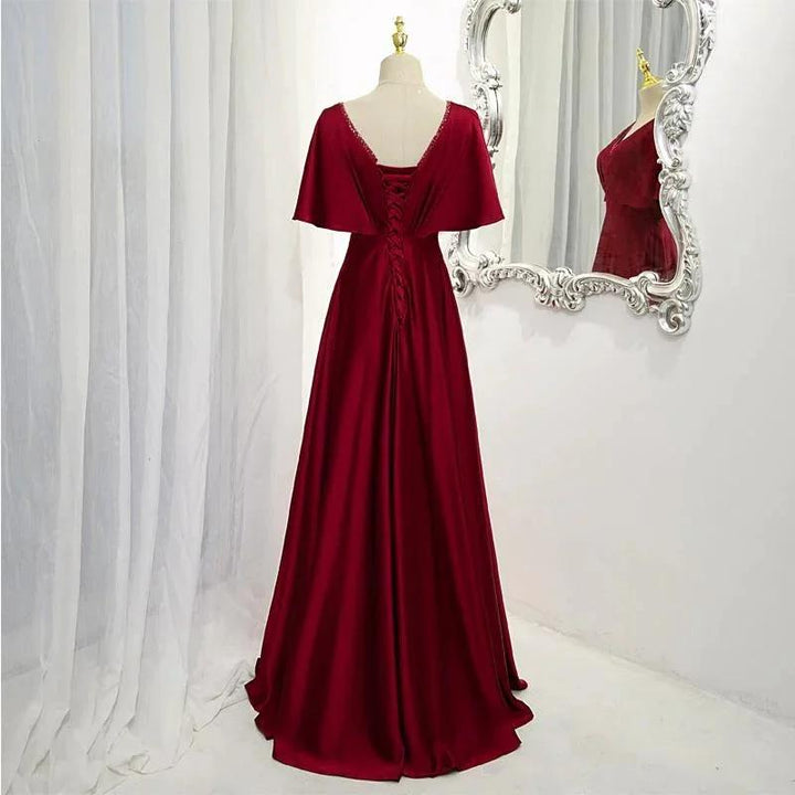 Dark Red Satin A-line Floor Length Evening Dress, Wedding Guest Dresses Y1439 by simplepromdress