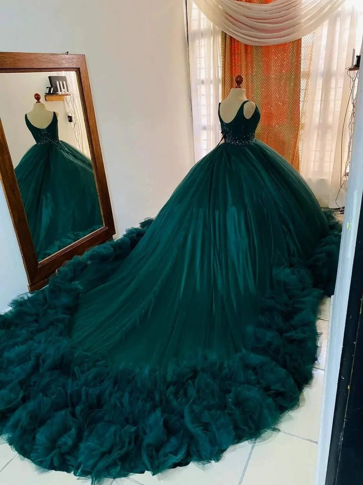 Stunning Tulle Lace-up Back Ball Gown,Teal Princess Dress With Ruffles Y1233 by simplepromdress