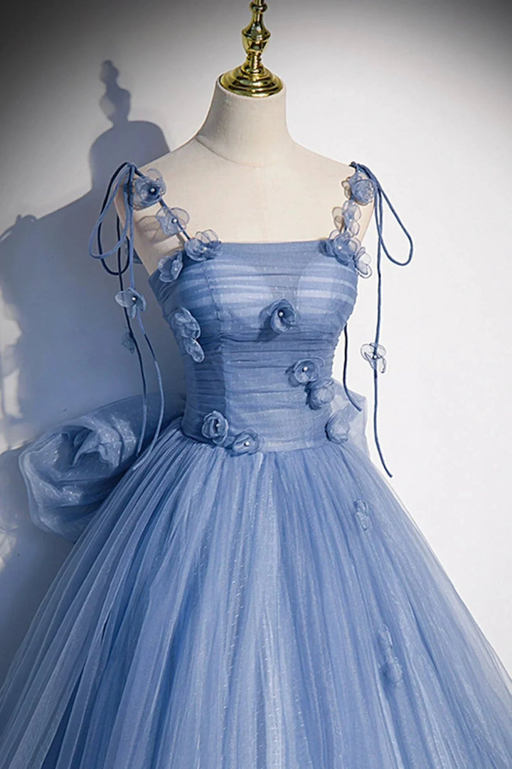 Blue tulle long A line prom dress blue evening dress s51 by simplepromdress
