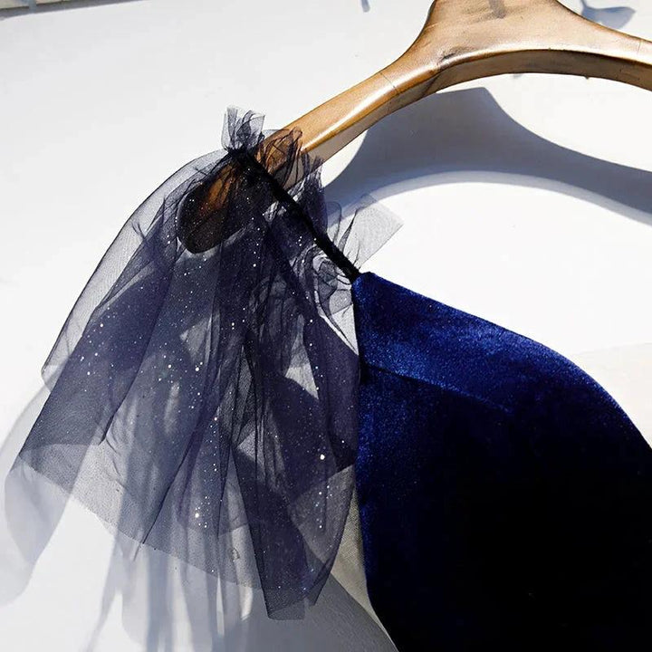 Blue v neck velvet top tulle short homecoming dress s98 by simplepromdress