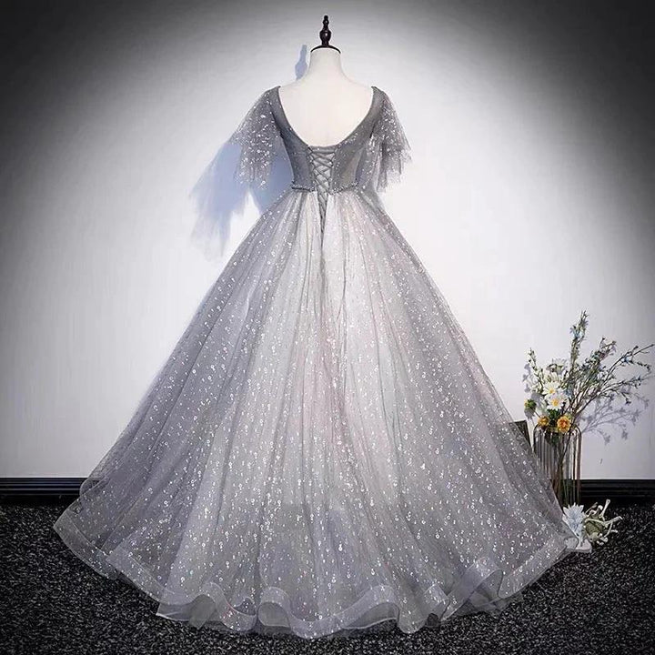 Gray tulle sequins long prom dress A line evening gown s65 by simplepromdress