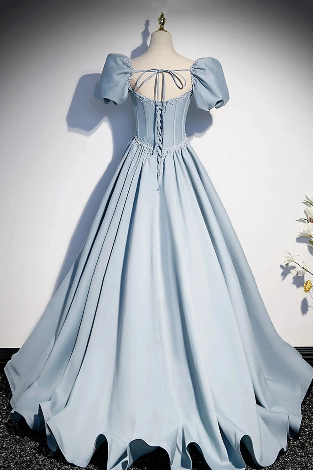 Blue satin pearl long prom dress blue evening dress s52 by simplepromdress