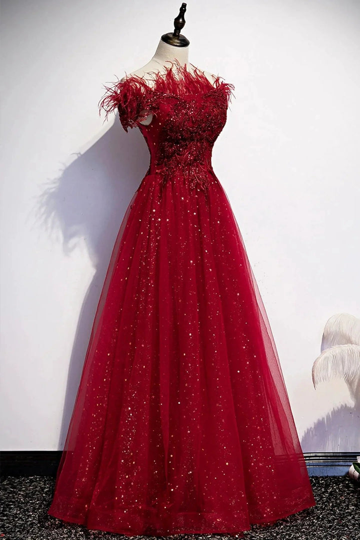 Burgundy tulle sequins long A line prom dress evening dress s69 by simplepromdress