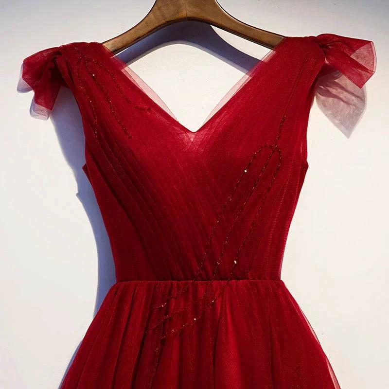 Burgundy v neck tulle short homecoming dress s95 by simplepromdress