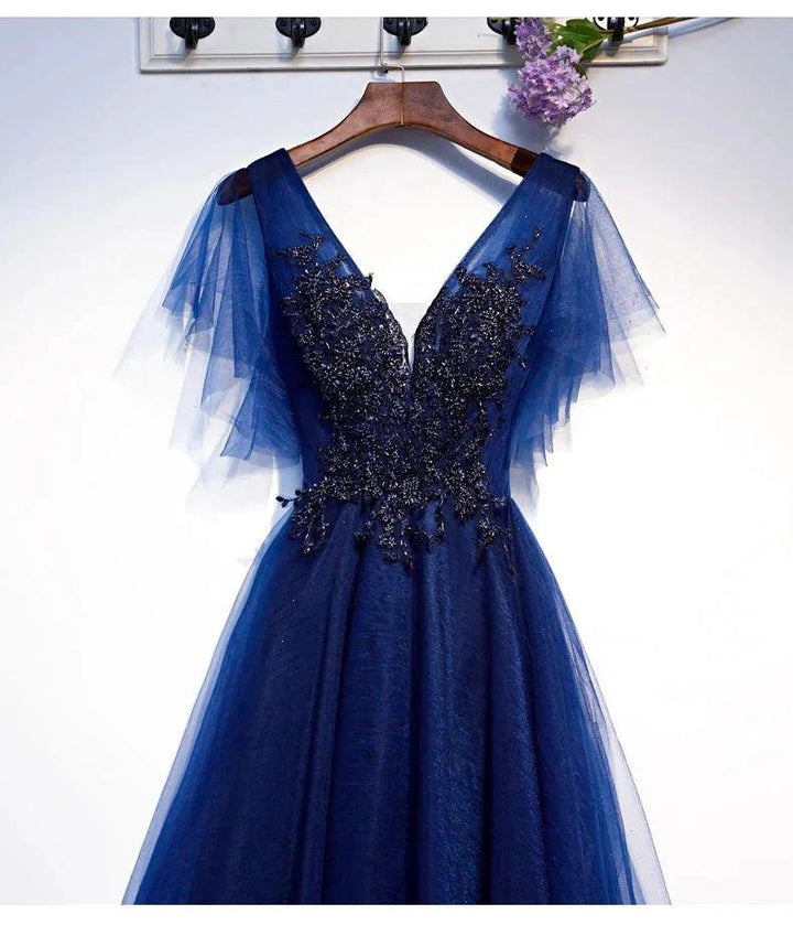 Blue v neck tulle short homecoming dress s94 by simplepromdress