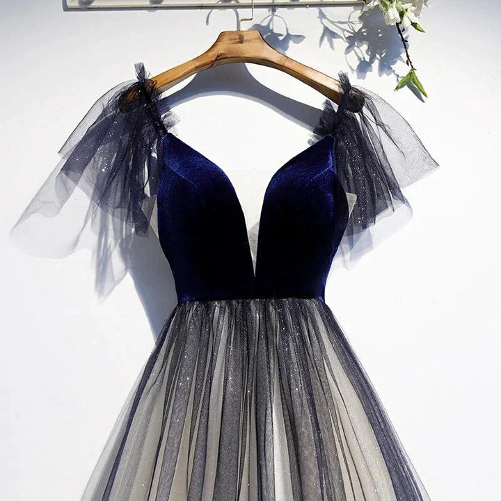 Blue v neck velvet top tulle short homecoming dress s98 by simplepromdress