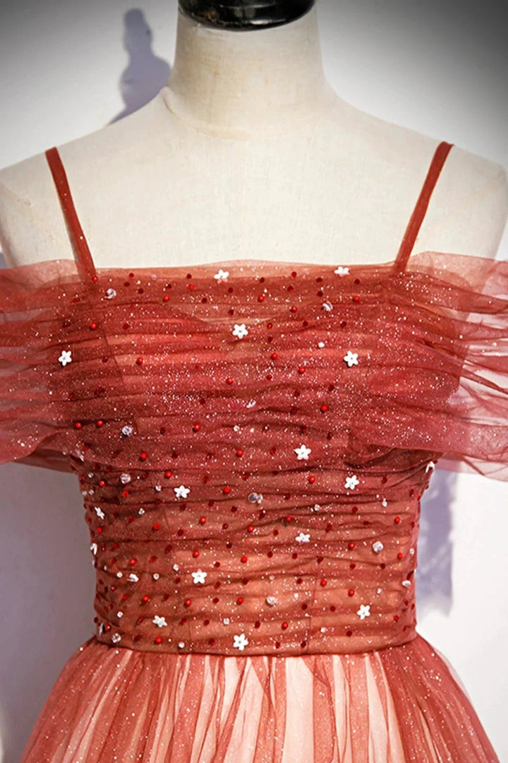 Burgundy tulle long A line prom dress evening dress s75 by simplepromdress