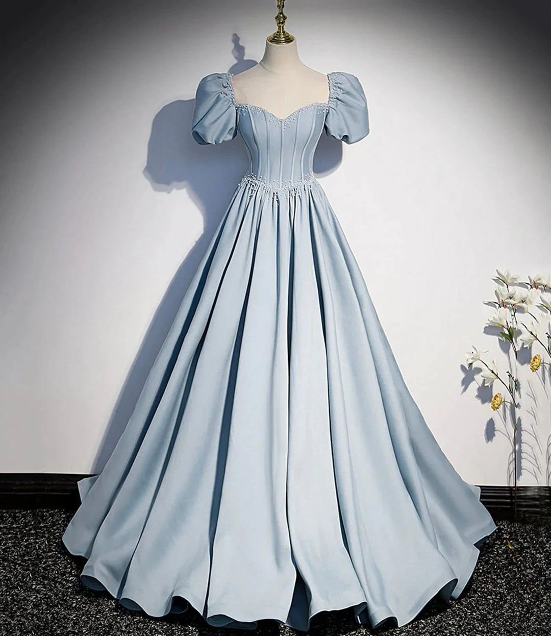 Blue satin pearl long prom dress blue evening dress s52 by simplepromdress