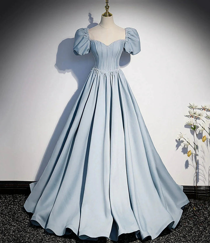 Blue satin pearl long prom dress blue evening dress s52 by simplepromdress